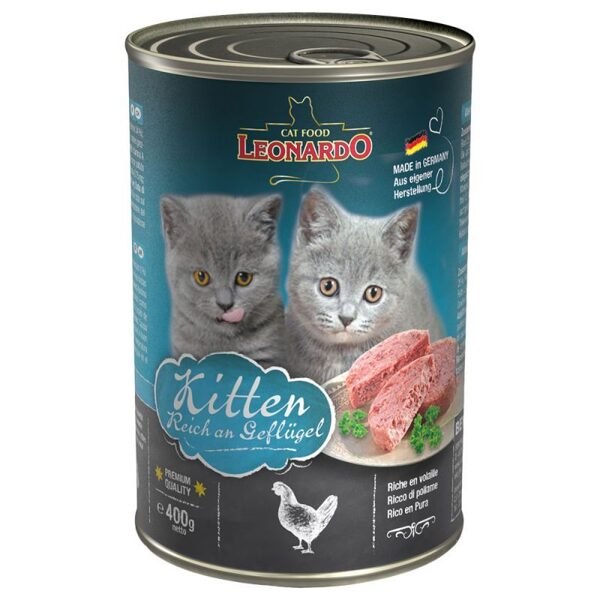 Leonardo Kitten 400 g - konservi  kaķēniem vecumā no 3 nedēļu līdz 1 gadam (ar mājputnu)