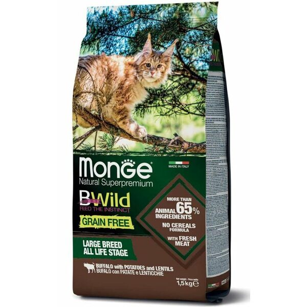 MONGE BWILD CAT Grain Free ADULT Buffalo with Potatoes and Lentils 1,5kg - - barība kaķiem