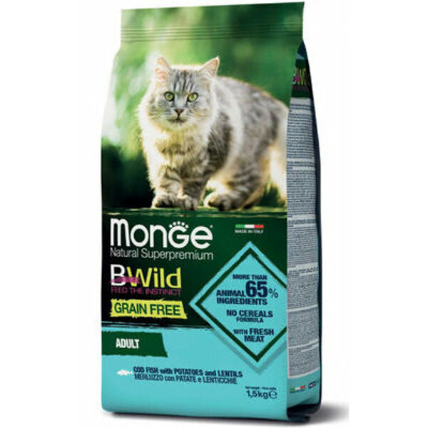 MONGE BWILD CAT Grain Free ADULT Cod Fish with Potatoes and Lentils 1,5kg - barība kakiem