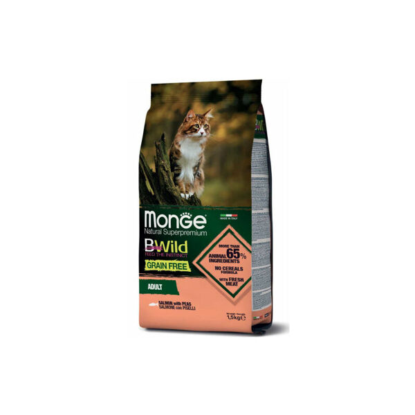 MONGE BWILD CAT Grain Free ADULT Salmon with Peas 1,5kg - - barība kaķiem