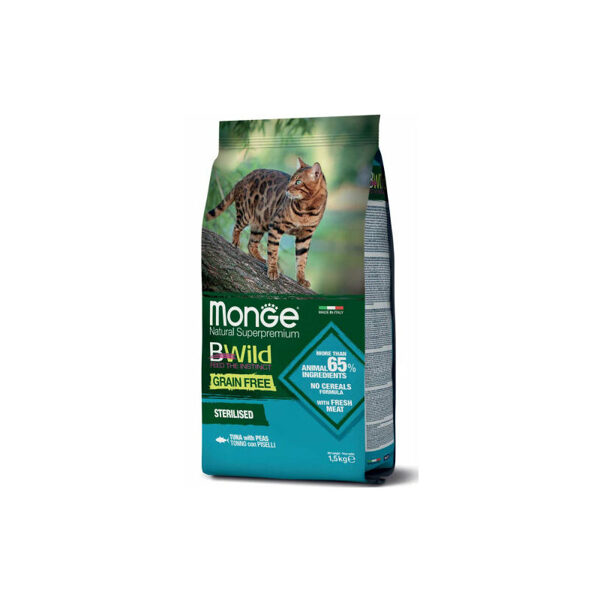 MONGE BWILD CAT Grain Free STERILISED Tuna with Peas 1,5kg - - barība kaķiem