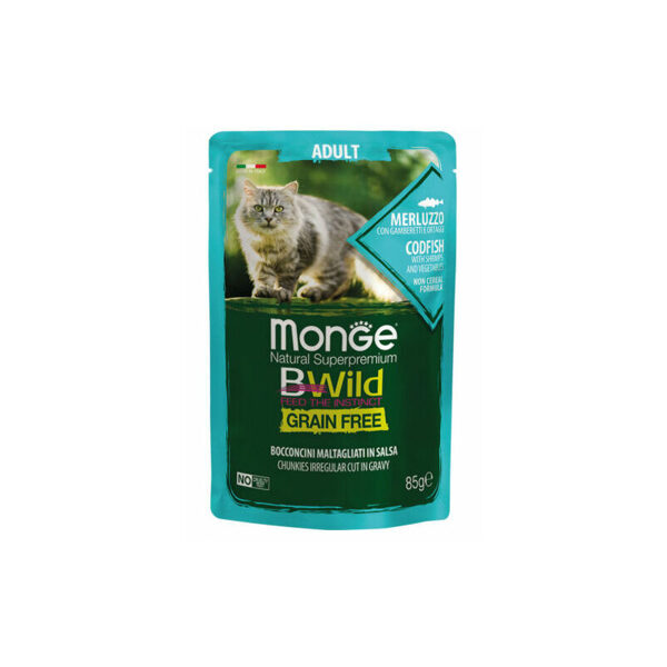 MONGE BWILD pouches Cat ADULT Codfish with shrimps,vegetables 85g