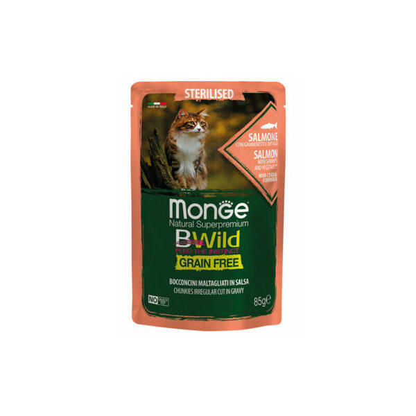 MONGE BWILD pouches Cat Sterilised Salmon with shrimps, vegetable 85g