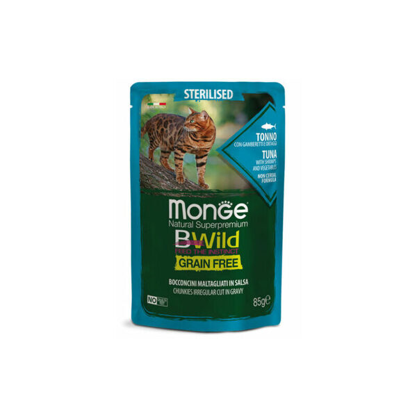 MONGE BWILD pouches Cat Sterilised Tuna with shrimps, vegetables 85g