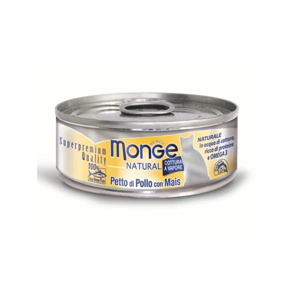 Monge Natural acqua Chicken with Corn 80 g - konservi kaķiem ar tunci, cāļa gaļu un kukurūzu 