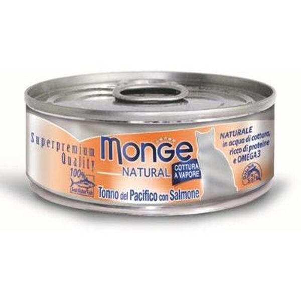 Monge Natural acqua Yellowfin Tuna with Salmon 80 g - konservi kaķiem ar Dzeltenspuru tunci un lasi 
