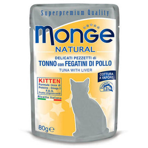 Monge Natural pouches Kitten Tuna in Jelly with Chicken Livers 80g - konservi  kaķēniem