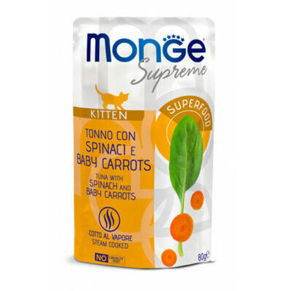 Monge Supreme pouches Tuna with spinach&baby carrots Kitten 80 g - konservi kaķēniem