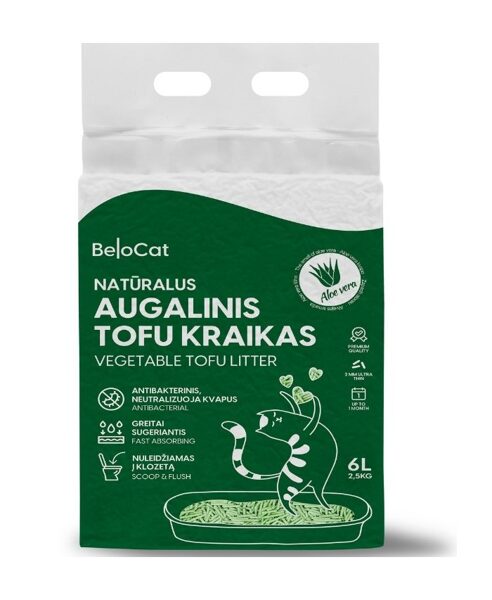 BeloCat Tofu Clumping Cat Litter Aloe, 6l - dabīgi granulēti kaķu pakaiši ar kukurūzas cieti un sojas šķiedrām, ar alveju