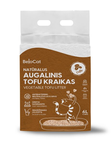 BeloCat Tofu Clumping Cat Litter Coffee 6l - dabīgi granulēti kaķu pakaiši ar kafijas maigu aromātu 