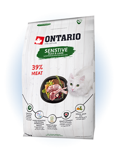 Ontario Cat Sensitive Derma Duck & Lamb 6.5 kg - Super Premium klases barība kaķiem ar jutīgu gremošanas sistēmu un ādas problēmām