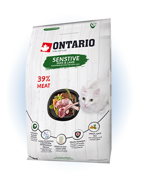  Ontario Cat Sensitive 400g - Super Premium klases barība pieaugušiem kaķiem ar jutīgu gremošanas sistēmu un ādas problēmām