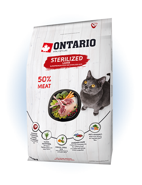 Ontario Cat Sterilised Lamb 6,5 kg - супер премиум сухой корм для кастрированных/стерилизованных кошек в возрасте от 1 до 7 лет