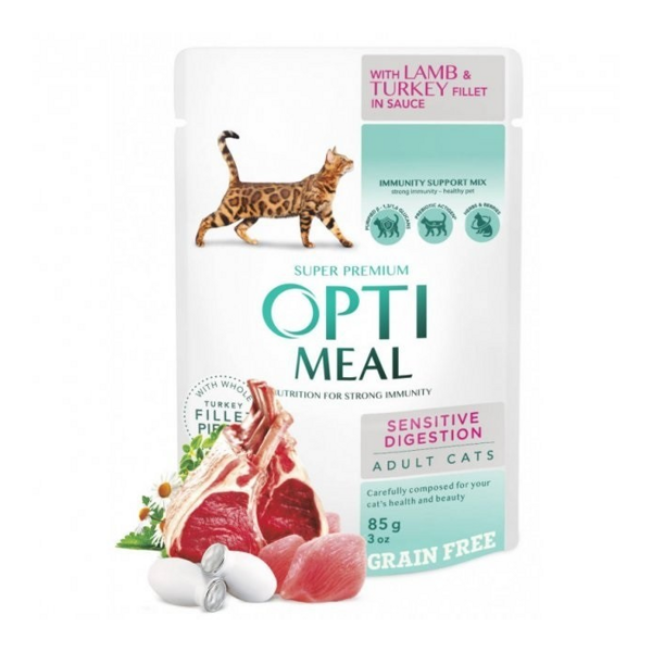 OPTIMEAL Cat Sensitive Digestion with Lamb & Turkey fillet in sauce, 85g - super preimum klases bezgraudu konservi pieaugušiem kaķiem ar jutīgu gremošanas traktu, ar jēra un tītara fileju mērcē, 85 g
