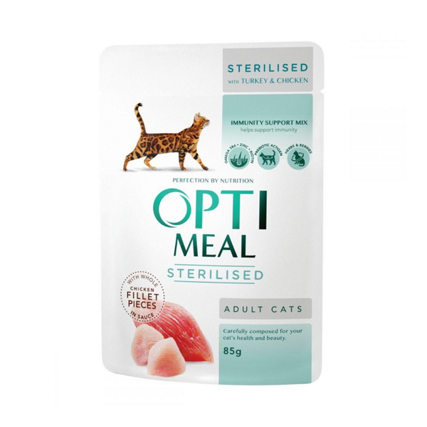 OPTIMEAL Cat Sterilised with Turkey & Chicken Fillet in sauce, 85g - super premium klases barība sterilizētiem kaķiem ar tītaru un vistas fileju