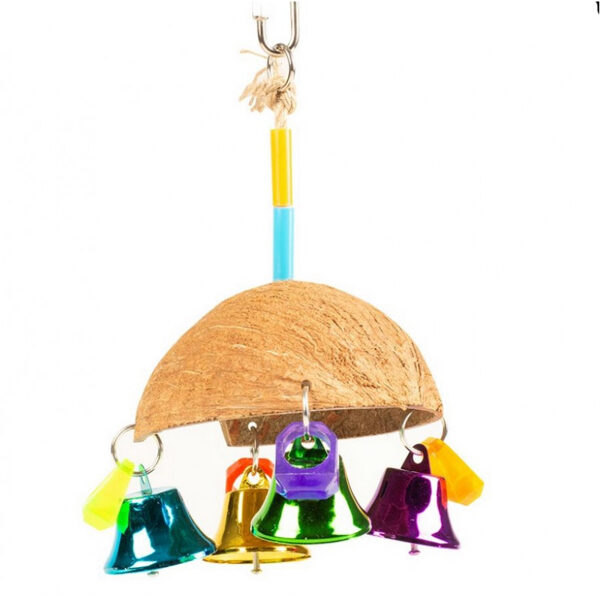 Duvo Plus Coco Umbrella with Bells - кокосовая скорлупка с колокольчиками и бусинами для средних и крупных попугаев