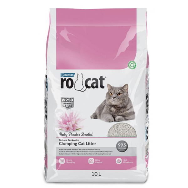 RoCat Baby Powder 10L - cementējošas smiltis kaķu tualetei ar bērnu pūdera aromātu