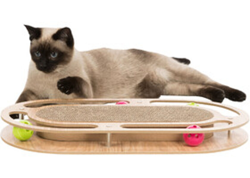 Trixie Scratching cardboard with toys, wood, catnip, 46 × 4 × 25 cm - Interaktīva koka rotaļlieta kaķiem ar bumbām un asināmo
