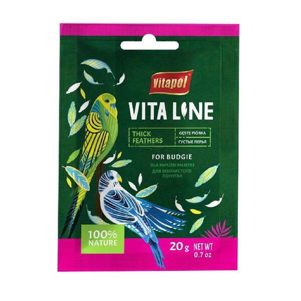 Vitapol VITALINE Thick feathers supplementary mixture for budgie 20g - papildbarība viļņainajiem papagaiļiem spalvu uzlabošanai 